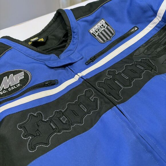 Scorpion Exo Burnout Blue Black FMF Team Cycle Motorcycle Riding Jacket Size XL - Picture 3 of 16